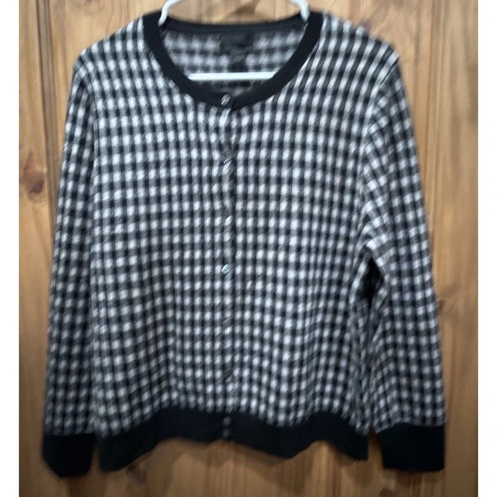 J.Crew 100% Cashmere Cardigan Sweater Womens L Black Ivory Buffalo Check Plaid